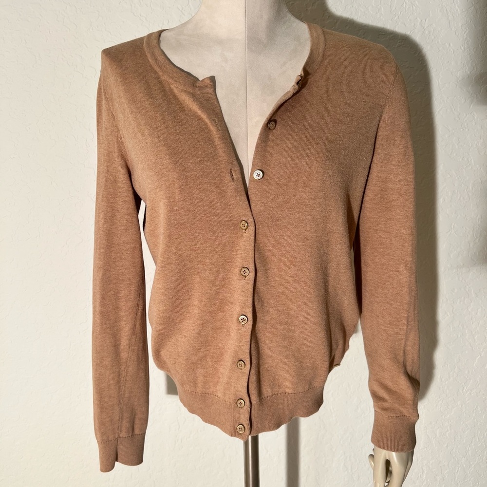 Tommy Hilfiger cotton light brown khaki tan cardigan sweater size M gold buttons
